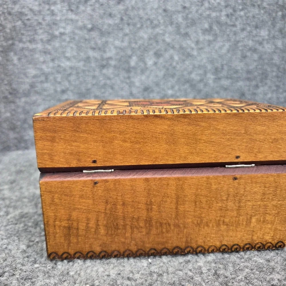 Vintage Wooden Hand Carved Polish Trinket Jewelry Storage Box Made In Poland